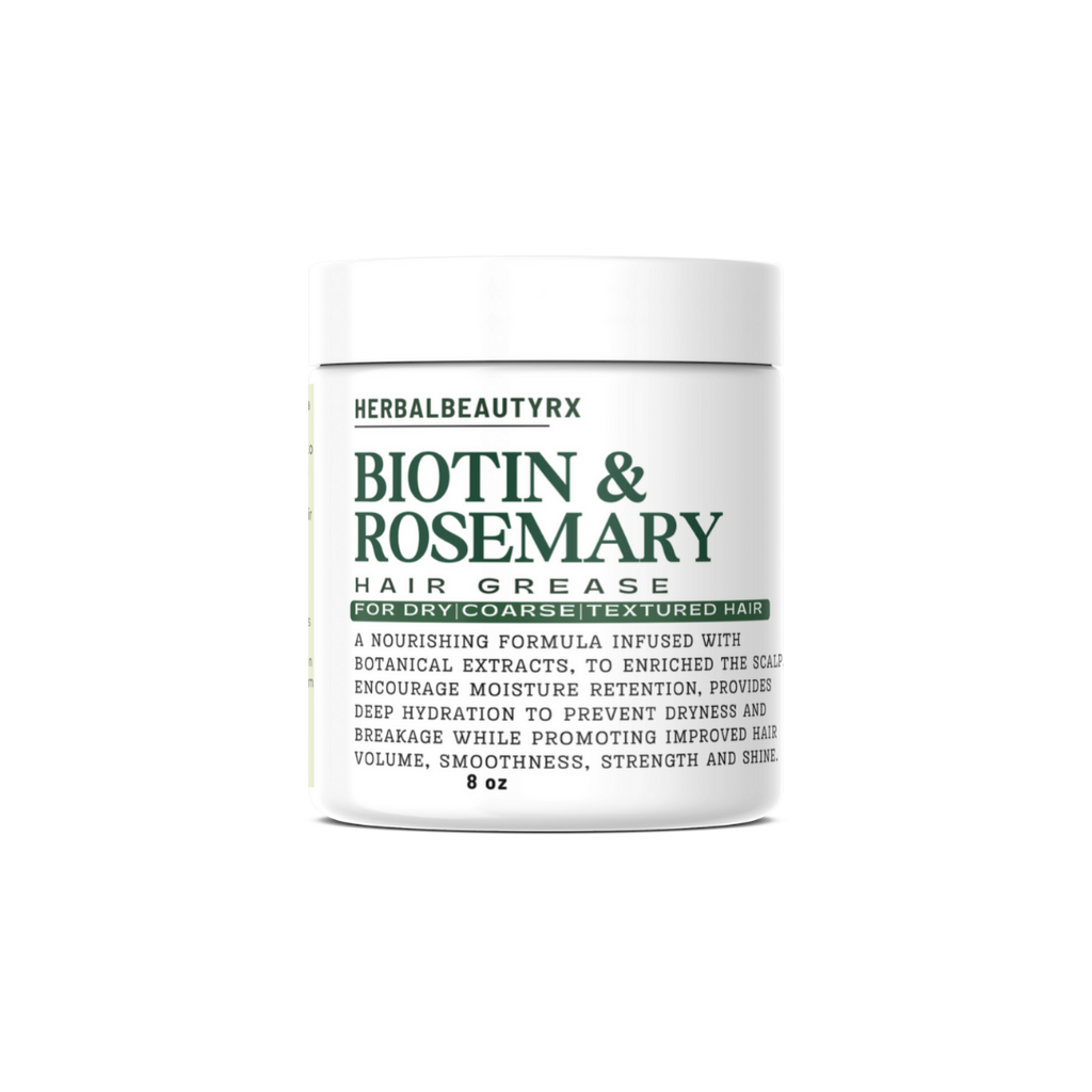 The image shows the Herbalbeautyrx Biotin & Rosemary Hair Grease. This is rich in moisturizing ingredients to lock in hydration and protect hair from dryness and breakage.designed to nourish, hydrate, and strengthen dry thirsty, Coarse, tresses. It's formulated with ingredients like rosemary, Horsetail, Neem Leaves, and coconut oil, known for their moisturizing properties and their benefits to the scalp and hair, promoting growth and length retention. The Hair Grease is intended to be used on damp hair. 