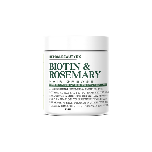 The image shows the Herbalbeautyrx Biotin & Rosemary Hair Grease. This is rich in moisturizing ingredients to lock in hydration and protect hair from dryness and breakage.designed to nourish, hydrate, and strengthen dry thirsty, Coarse, tresses. It's formulated with ingredients like rosemary, Horsetail, Neem Leaves, and coconut oil, known for their moisturizing properties and their benefits to the scalp and hair, promoting growth and length retention. The Hair Grease is intended to be used on damp hair. 