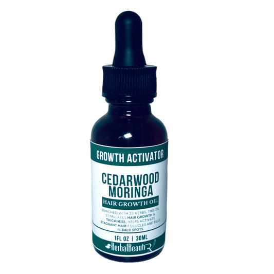 Natural Cedarwood Moringa hair growth oil for textured hair, promotes healthy hair growth, reduces breakage , nourishes scalp, and enhances hair strength and shine.