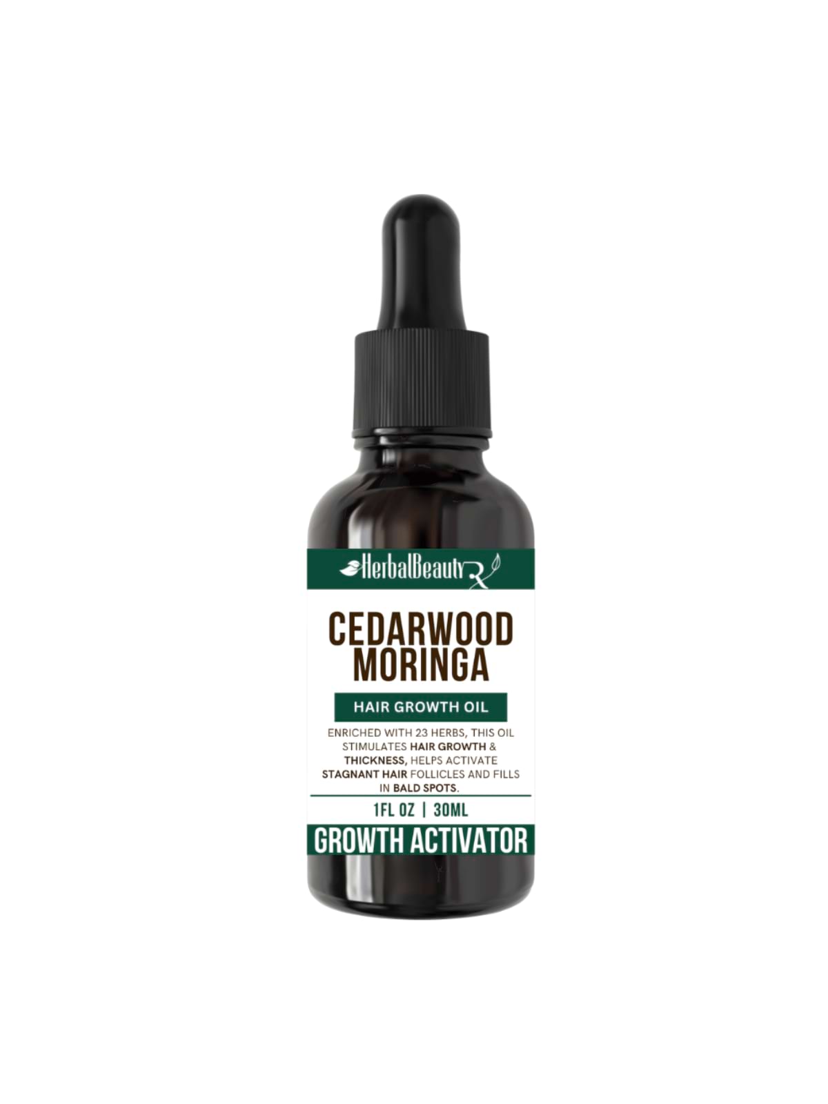 The image shows The Herbalbeautyrx Cedar wood & Moringa Hair Growth oil , The hair oil is a natural and plant-based oil formulated with Cedar wood oil to help with hair shedding by nourishing the scalp and strengthening hair follicles, while moringa oil provides essential nutrients to help reduce hair fall, customers reported seeing a noticeable difference in hair thickness and reduced shedding within 60 days.