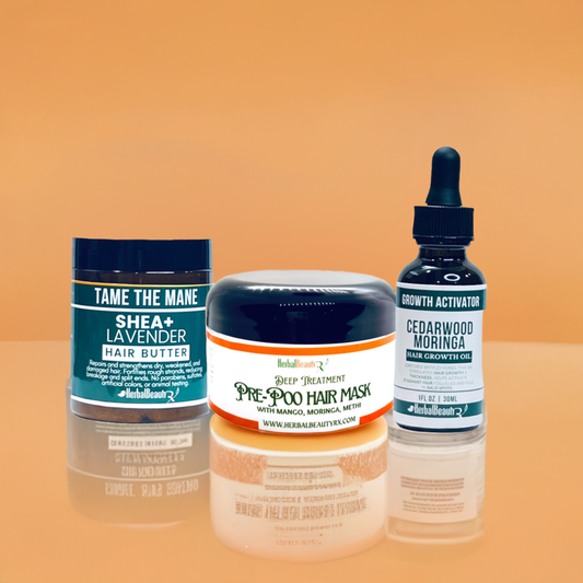 This all-natural hair care set includes a rich hair butter, a deeply nourishing pre-poo mask, and a stimulating hair growth oil. Get the ultimate hair care routine with this set for moisture, strength, and growth.