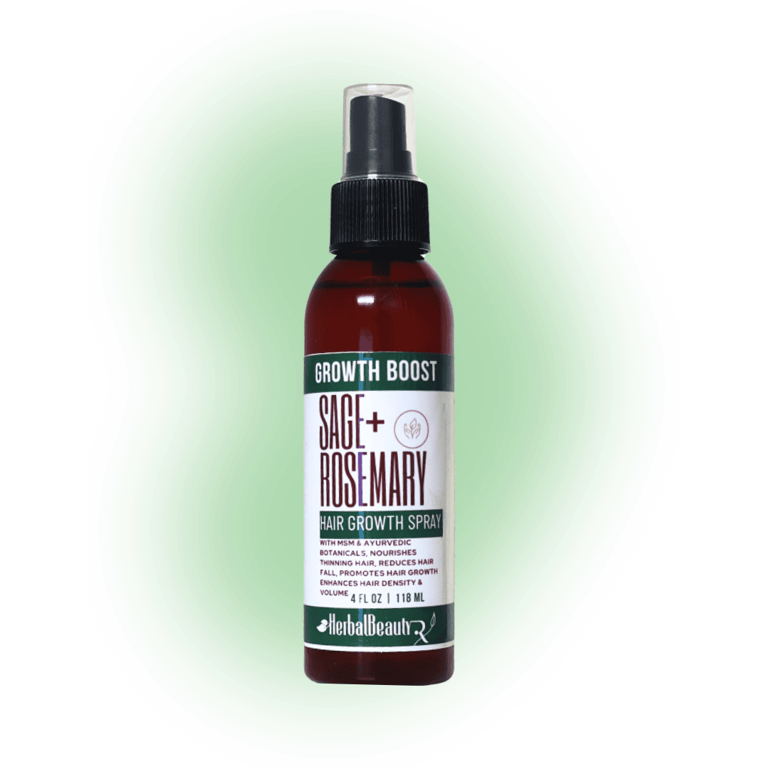 The image shows the Herbalbeautyrx sage & rosemary natural hair growth spray with Ayurvedic botanicals and rosemary, fenugreek, and rice water to nourish thin hair, promote faster hair growth, reduce hair fall, strengthen follicles, soothe scalp irritation, enhance hair density and volume . The hair spray is a leave-in treatment for thicker, healthier hair.