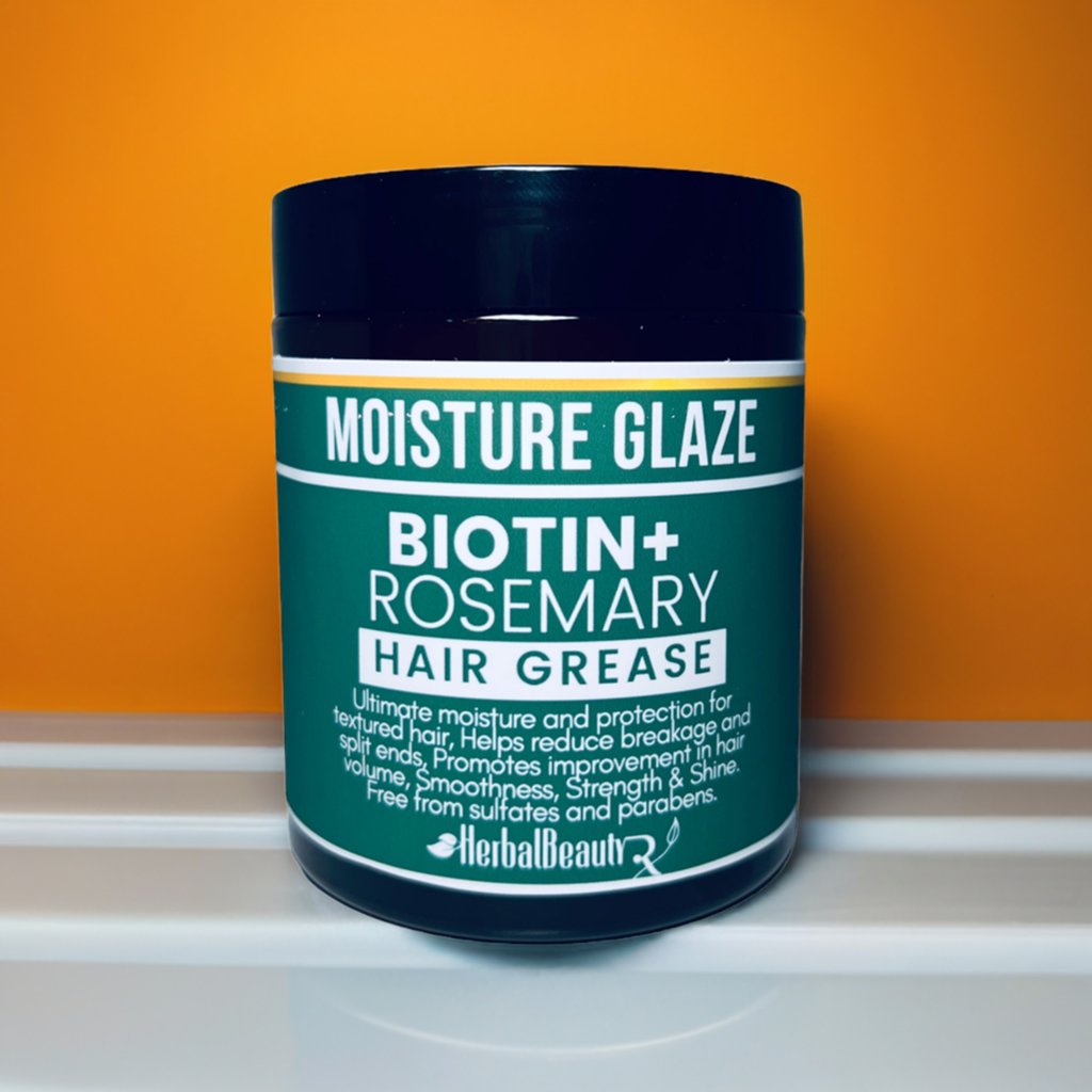 Moisture Glaze Biotin _ Rosemary Hair Grease _ Ultimate moisture and protection for textured hair_ Helps reduce breakage and split ends _ Promotes improvement in hair volume_ Smoothness_ Strength & shine