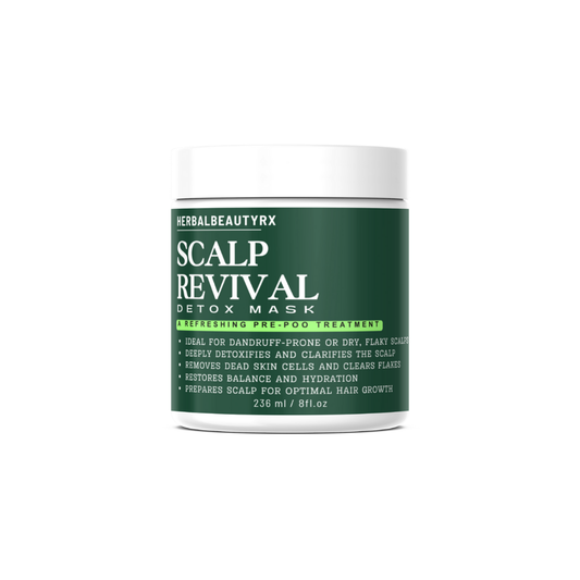 Scalp Revival Detox Mask: A deep-cleansing treatment designed to detoxify and nourish the scalp, promoting a healthy environment for hair growth. Infused with natural ingredients to exfoliate, remove buildup, and soothe irritation for a refreshed, revitalized scalp.